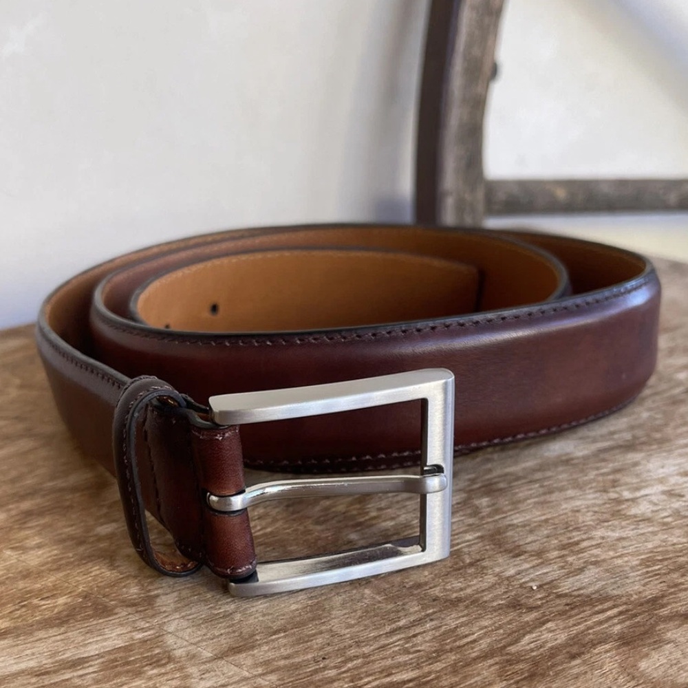 NEW Magnanni Square Brushed Silvertone Buckle Leather Belt - 1078 Brown - Sz 42